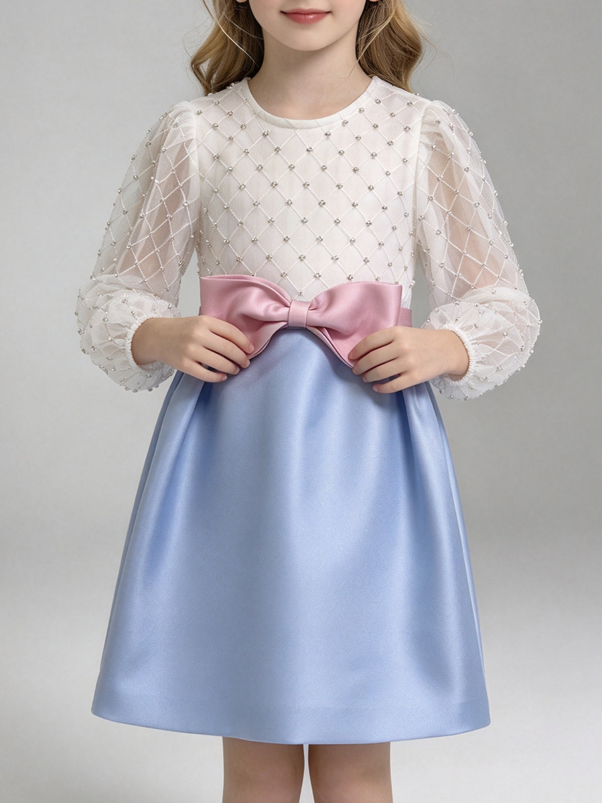 Kid Girl Sheer Beaded Mesh Sleeve Dress Pink Bow Blue Satin Formal Dress