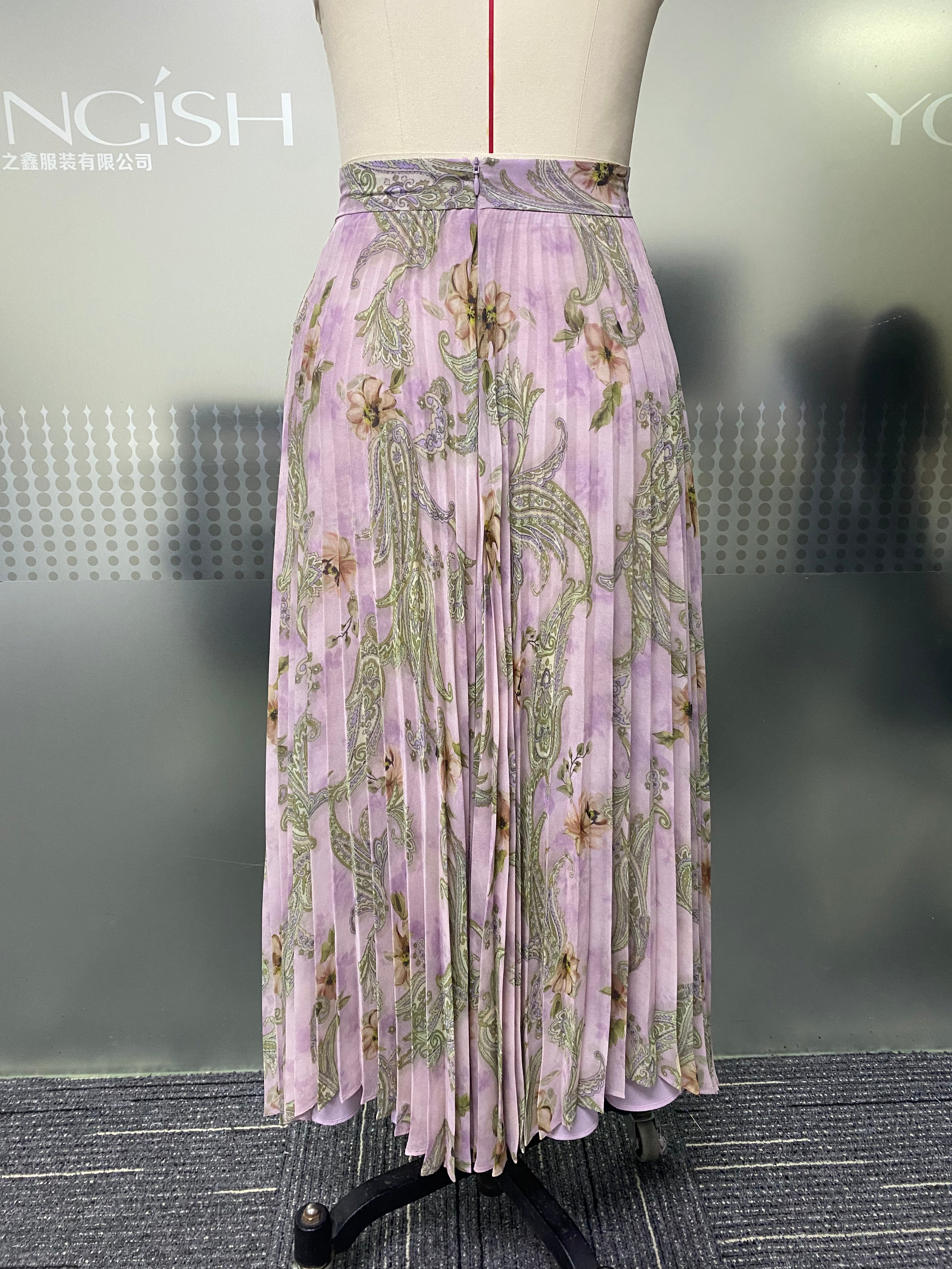 Boho Light Purple Floral Paisley Chiffon Pleated Skirt High Waist A-Line Flowy Casual Vacation Midi Long Skirt
