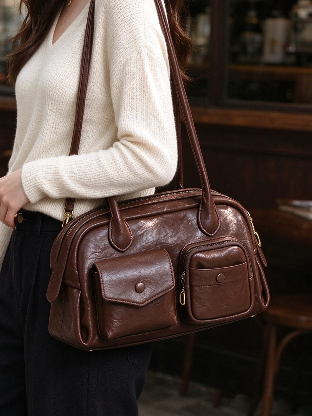 Vintage Brown Multi-pocket Boston Bag, Women Retro Leather Shoulder Handbag