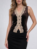 Retro brown velvet sleeveless vest ladies elegant beige lace trimmed V-neck decorative buckle slim halter top