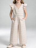Elegant Girls V Neck Tweed Jumpsuit Pearl Trim Wide Leg Outfit for Wedding Birthday