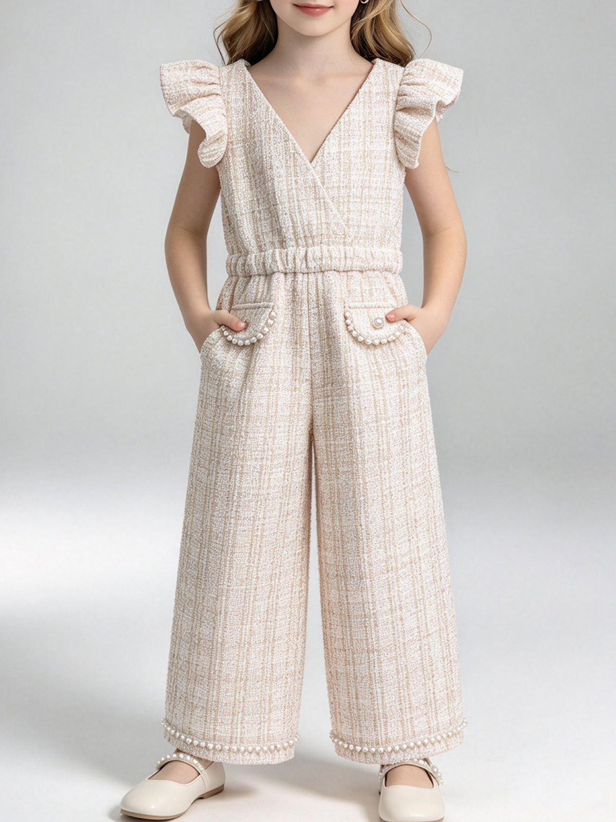 Elegant Girls V Neck Tweed Jumpsuit Pearl Trim Wide Leg Outfit for Wedding Birthday