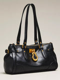 Women Retro Black Satchel Bag | Soft Faux‑Leather Statement Gold‑Hardware Zip Shoulder Purse