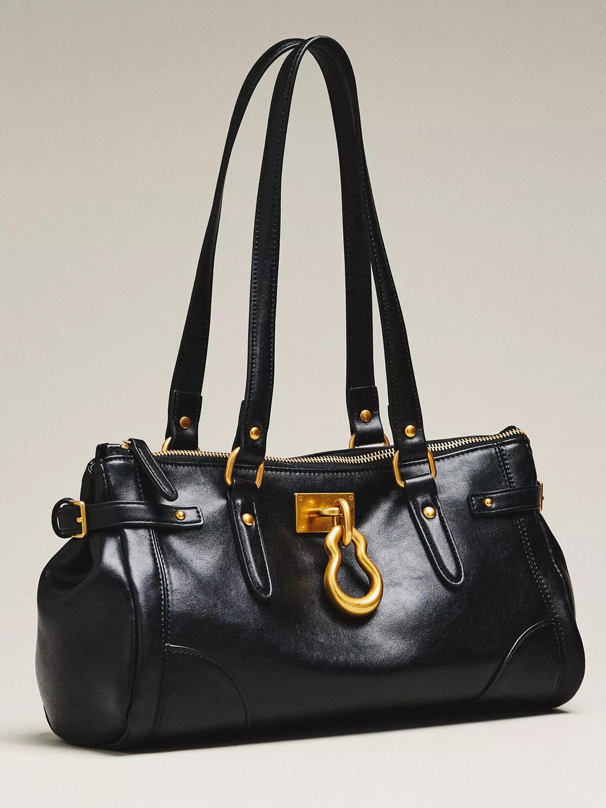 Women Retro Black Satchel Bag | Soft Faux‑Leather Statement Gold‑Hardware Zip Shoulder Purse