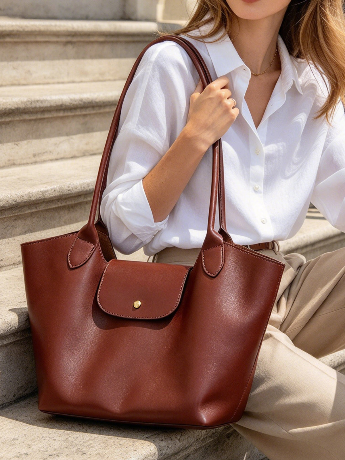 Cognac Brown Classic Leather Tote Bag, Large Capacity Shoulder Bag with Front Snap Pocket