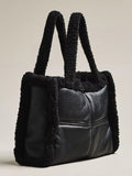 Black Faux Leather Shearling Trim Tote Bag, Winter Warm Fleece Shoulder Handbag For Women