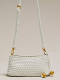 White Woven Faux‑Leather Baguette Crossbody Bag – Ladies Decorative Gold‑Ball Shoulder Bag