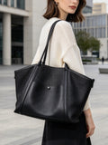 Black Patchwork Leather Large Tote Bag, Soft Oversized Shoulder Handbag for Women Travel