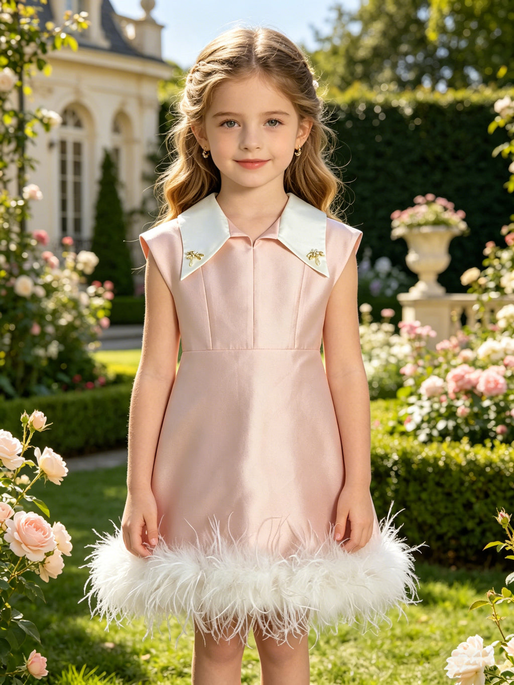 Pink Girls' Feather Hem Dress | Contrast Collar & Gold Bee Detail, Sleeveless Formal & Flower Girl Wear