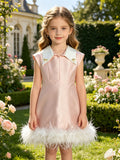 Pink Girls' Feather Hem Dress | Contrast Collar & Gold Bee Detail, Sleeveless Formal & Flower Girl Wear