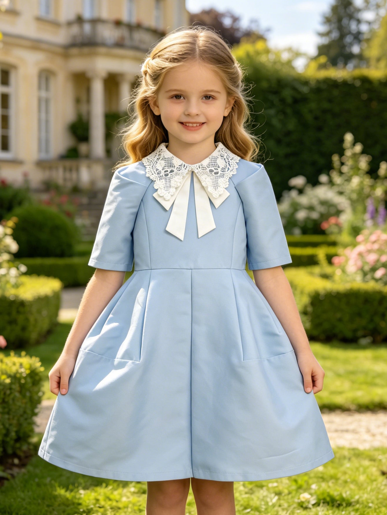 Light Blue Fit-and-Flare Girls' Party Dress with Lace Collar & Bow, Elegant Formal Dress for Weddings & Special Occasions