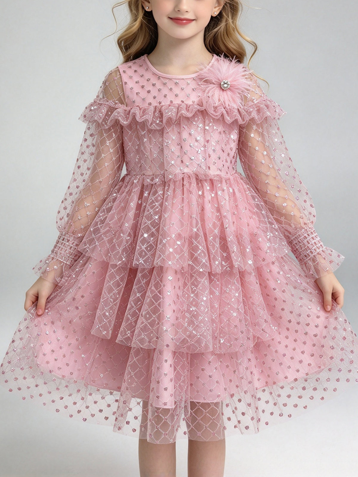 Girls Pink Sequin Mesh Layered Princess Dress for Wedding Birthday