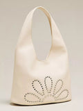 Women Cream Shoulder Bag | Soft Faux‑Leather Silver Studded Floral Large Capacity Tote Purse