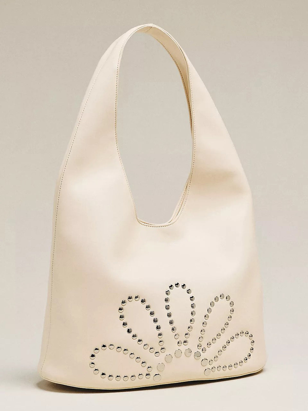 Women Cream Shoulder Bag | Soft Faux‑Leather Silver Studded Floral Large Capacity Tote Purse