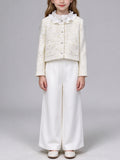 Cream Tweed Girls 2 Piece Outfit Ruffle Collar Jacket + White Wide Leg Pants Set