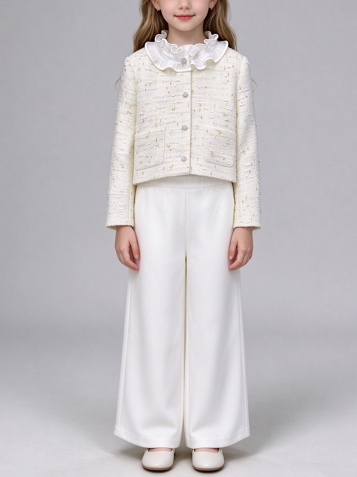 Cream Tweed Girls 2 Piece Outfit Ruffle Collar Jacket + White Wide Leg Pants Set