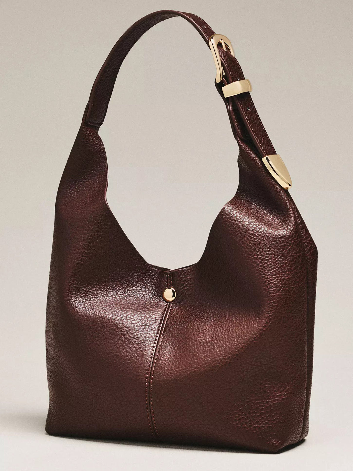 Women Burgundy Slouchy Bag | Pebbled Faux‑Leather Adjustable Strap Gold Hardware Large Shoulder Purse