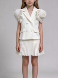 White 3D Flower Girls 2 Piece Suit Sleeveless Blazer Vest + Pleated Mini Skirt