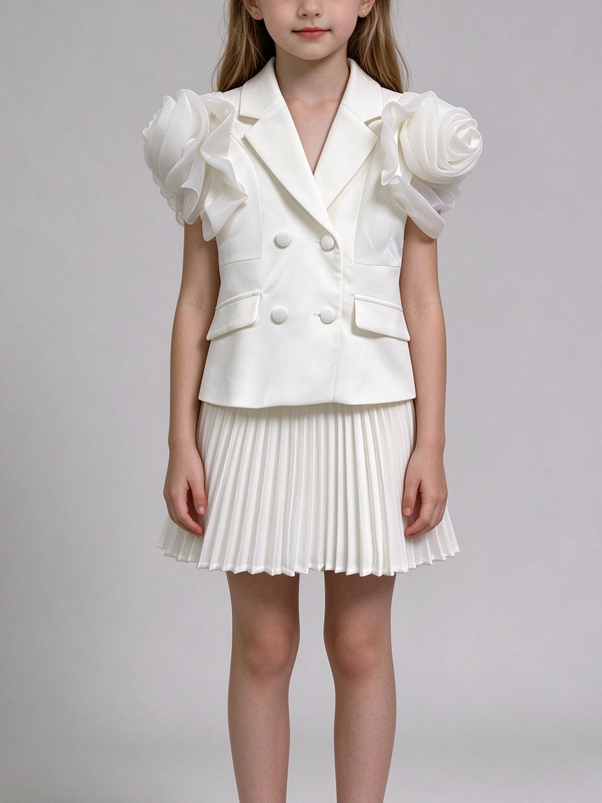 White 3D Flower Girls 2 Piece Suit Sleeveless Blazer Vest + Pleated Mini Skirt