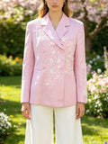 Pink Double-Breasted Blazer with Floral Lace Applique | Tailored Feminine Jacket for Bridal Showers, Garden Parties & Office Wear