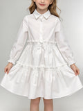 Kid Girl Solid White Collared Long Sleeve Tiered Ruffle Dress Daily Party Gown