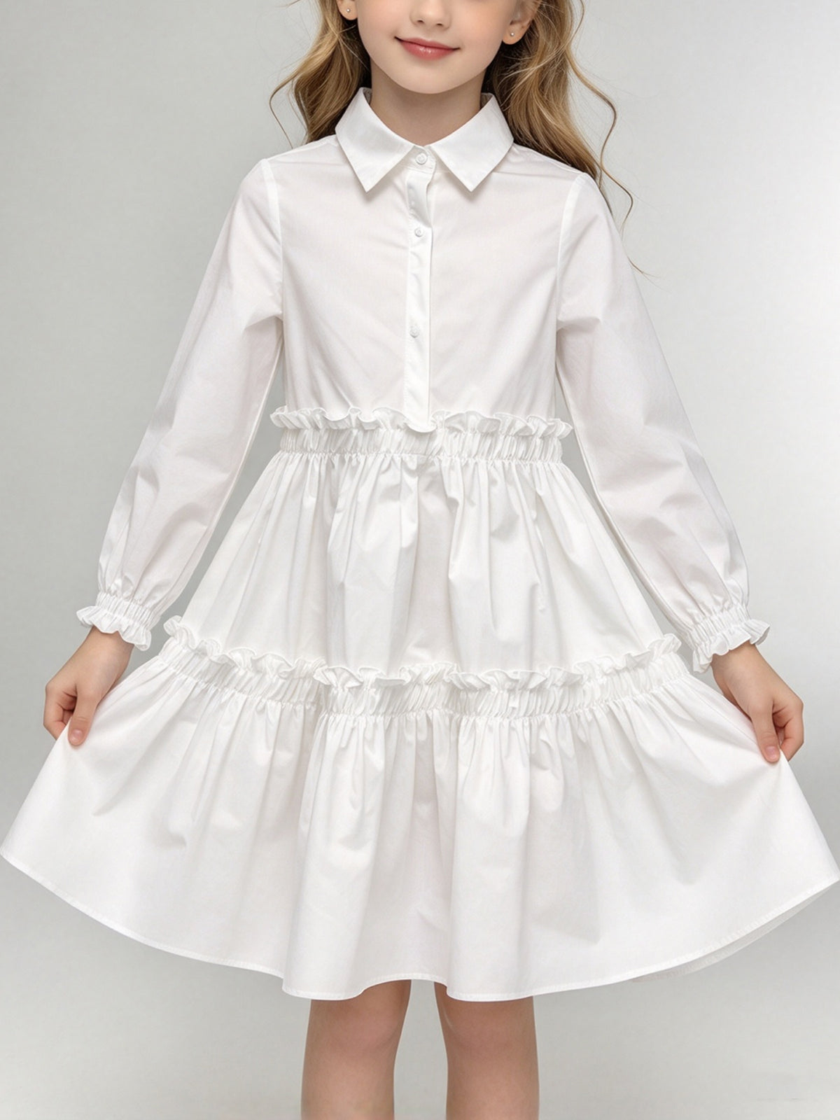 Kid Girl Solid White Collared Long Sleeve Tiered Ruffle Dress Daily Party Gown