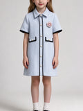 Light Blue Tweed Girls Dress Short Sleeve Collared Kids Formal Party Dress with Flower Brooch