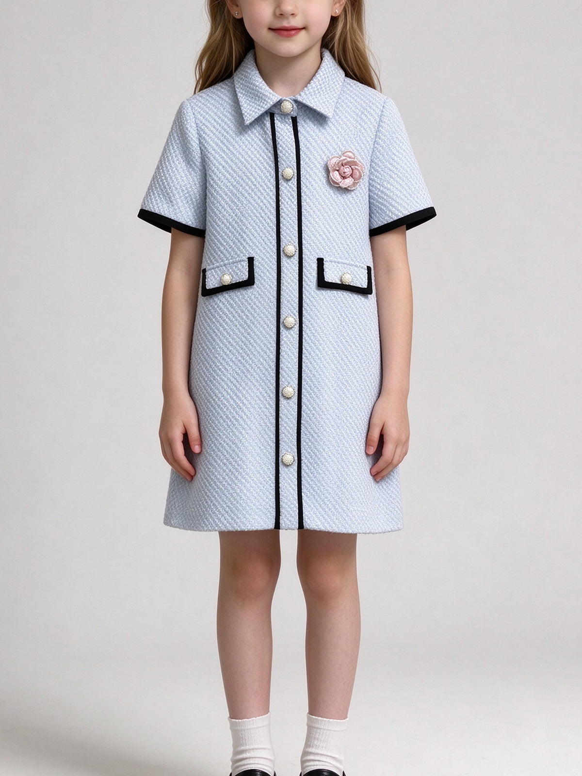 Light Blue Tweed Girls Dress Short Sleeve Collared Kids Formal Party Dress with Flower Brooch