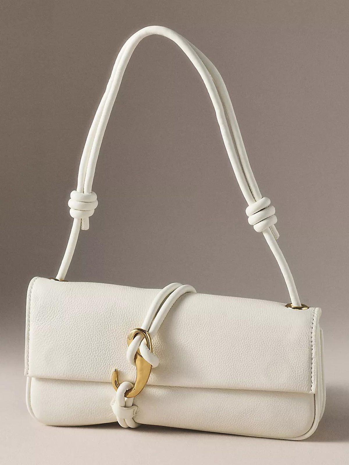 Women White Baguette Shoulder Bag | Pebbled Faux‑Leather Knotted Strap Gold Hook Minimal Underarm Purse