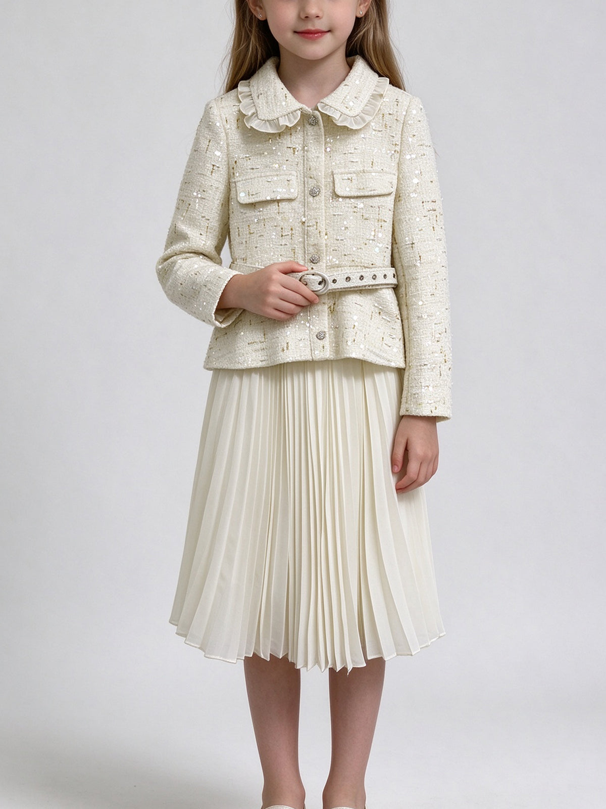 Cream Sequin Tweed Girls 2 Piece Outfit Ruffle Collar Jacket + Long Pleated Skirt Set with Belt