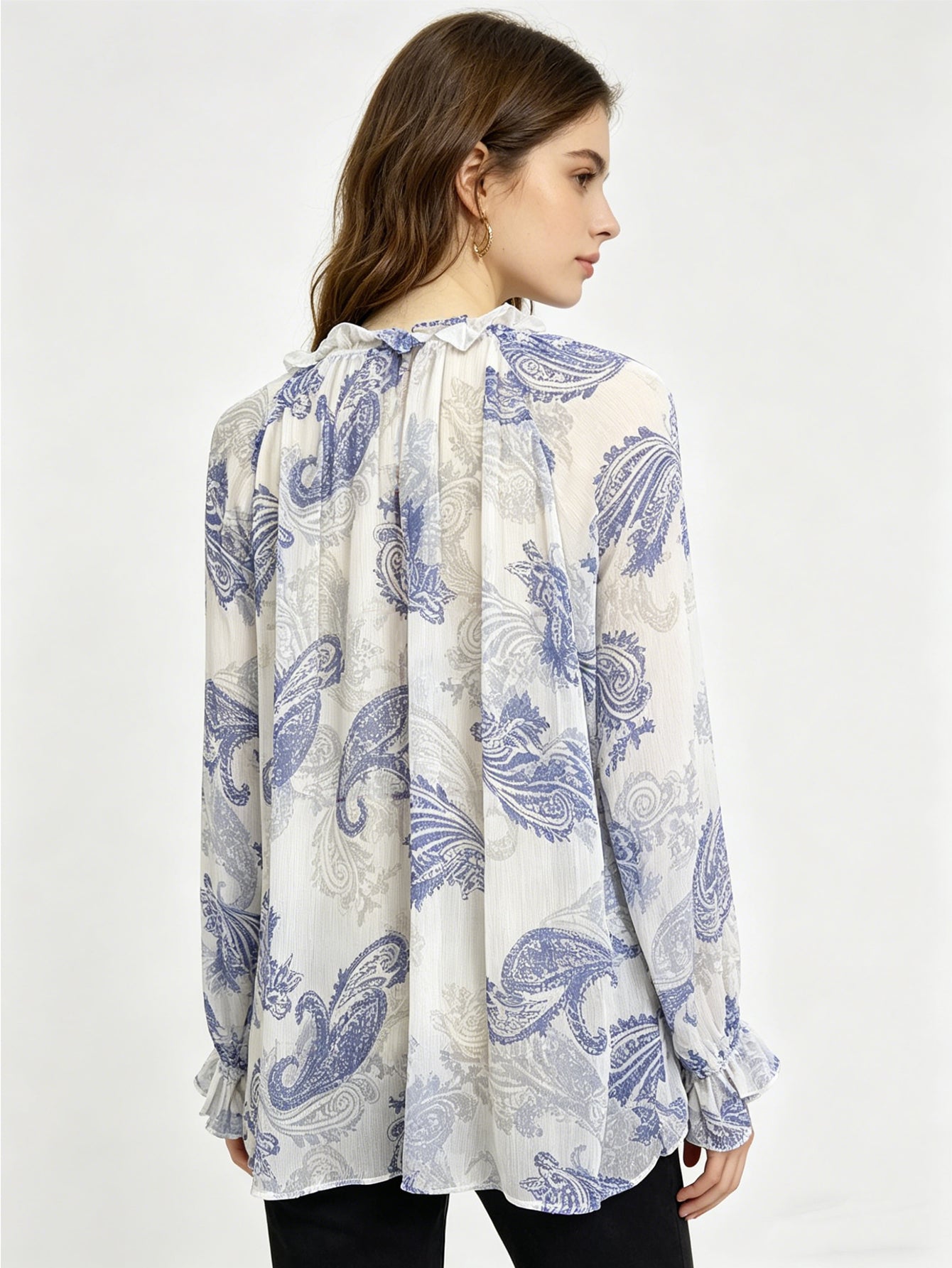 Blue Paisley Print Chiffon Blouse | Ruffled Neck Long Sleeve Tie-Neck Top, Boho & Casual Wear