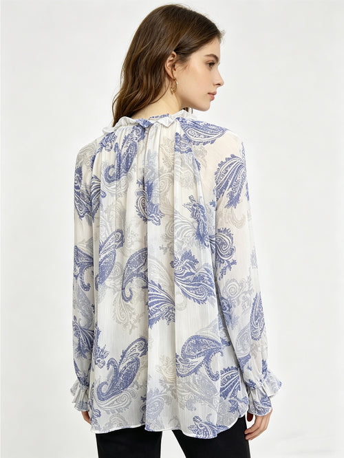 Blue Paisley Print Chiffon Blouse | Ruffled Neck Long Sleeve Tie-Neck Top, Boho & Casual Wear