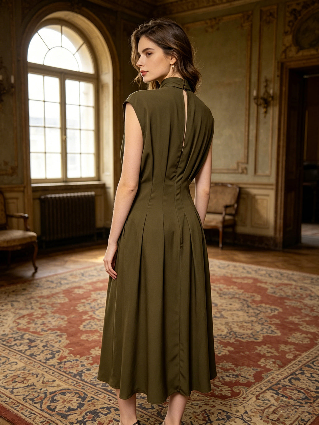 Olive Green Tie-Neck Midi Dress | Sleeveless Pleated-Waist Casual Work Dress for Women