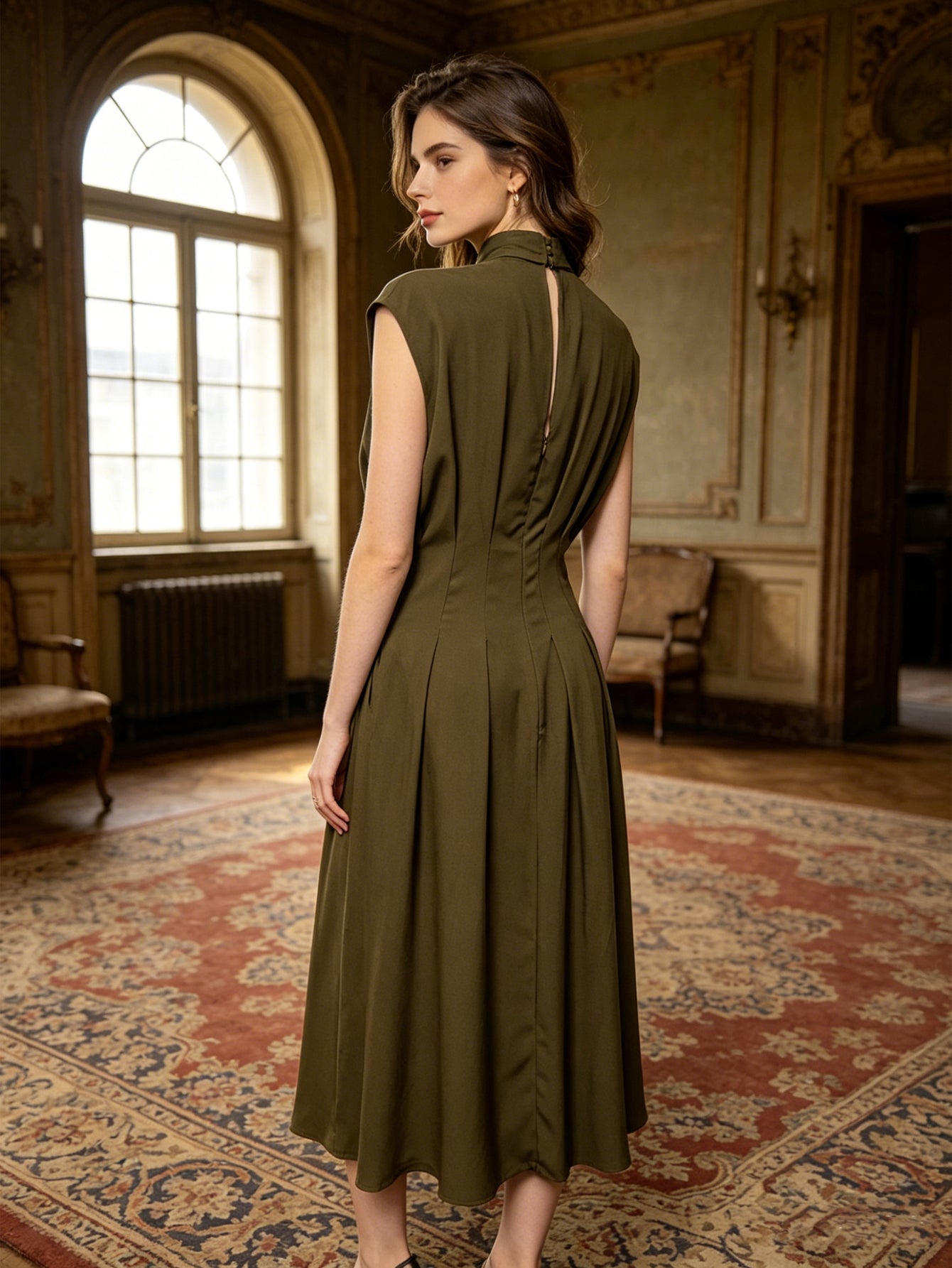 Olive Green Tie-Neck Midi Dress | Sleeveless Pleated-Waist Casual Work Dress for Women