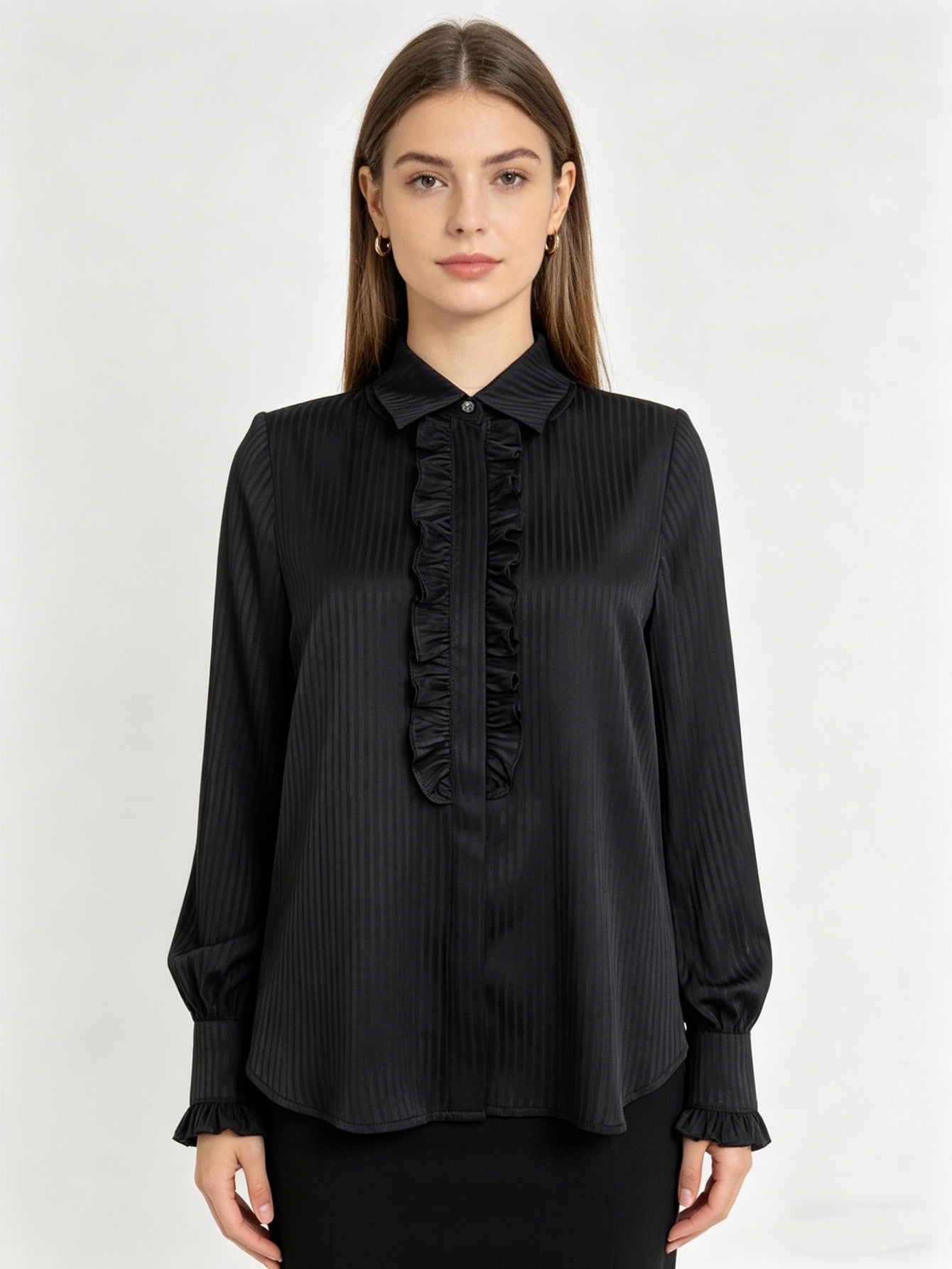 Black Satin Striped Blouse with Ruffle Trim | Collared Long Sleeve Button-Up Shirt for Business Casual, Date Night & Formal Occasions