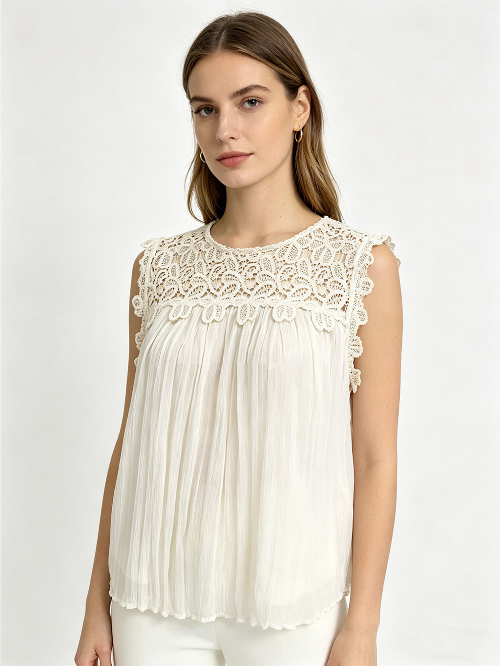 White Lace Crochet Sleeveless Blouse | Pleated Ruffle Hem Casual Summer Top for Women