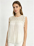 White Lace Crochet Sleeveless Blouse | Pleated Ruffle Hem Casual Summer Top for Women