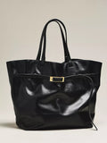Soft Tote Bag with Black and Gold Buckle Details—Women's Faux Leather Work-Style Shoulder Bag