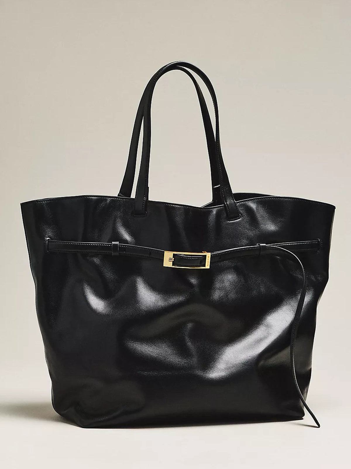 Soft Tote Bag with Black and Gold Buckle Details—Women's Faux Leather Work-Style Shoulder Bag