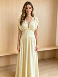 Chic Pastel Yellow Open-Back Maxi Dress | Flowy Waisted Silhouette, Drawstring Sleeve Detail for Bridal Events & Garden Parties