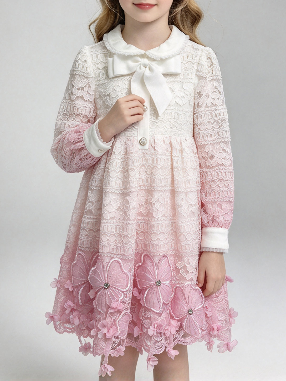 Girls Pink Ombre Lace Dress 3D Butterfly Flower Birthday Dress