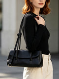 Black Leather Flap Shoulder Bag, Structured Rectangular Handbag with Dual Straps for Women