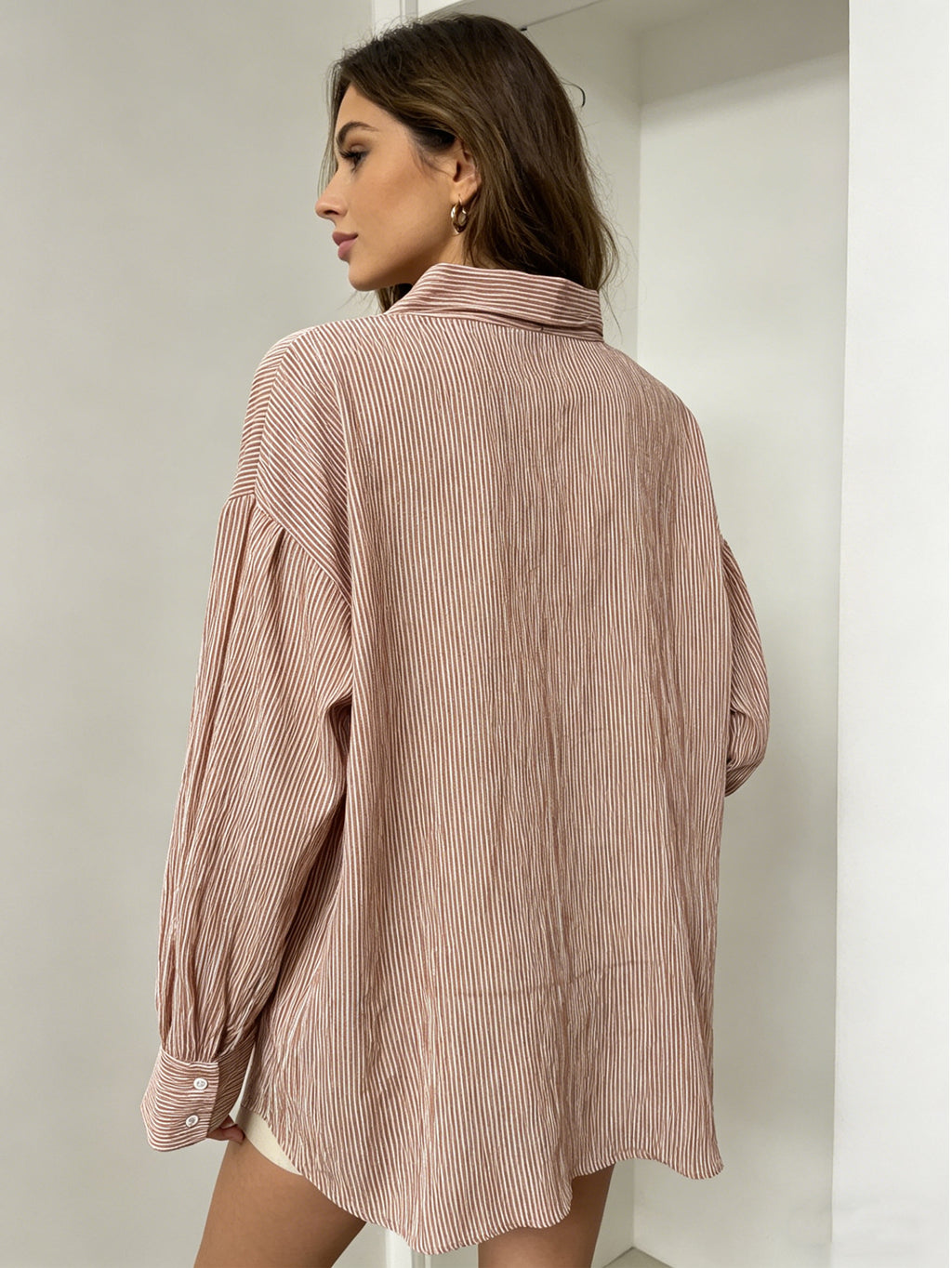 Pink White Striped Bow Tie Neck Blouse | Long Sleeve Oversized Casual Work Shirt for Women