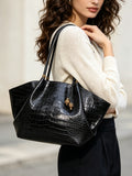 Black Croc Embossed Wing Tote Bag, Large Shoulder Handbag with Tassel Decor for Women