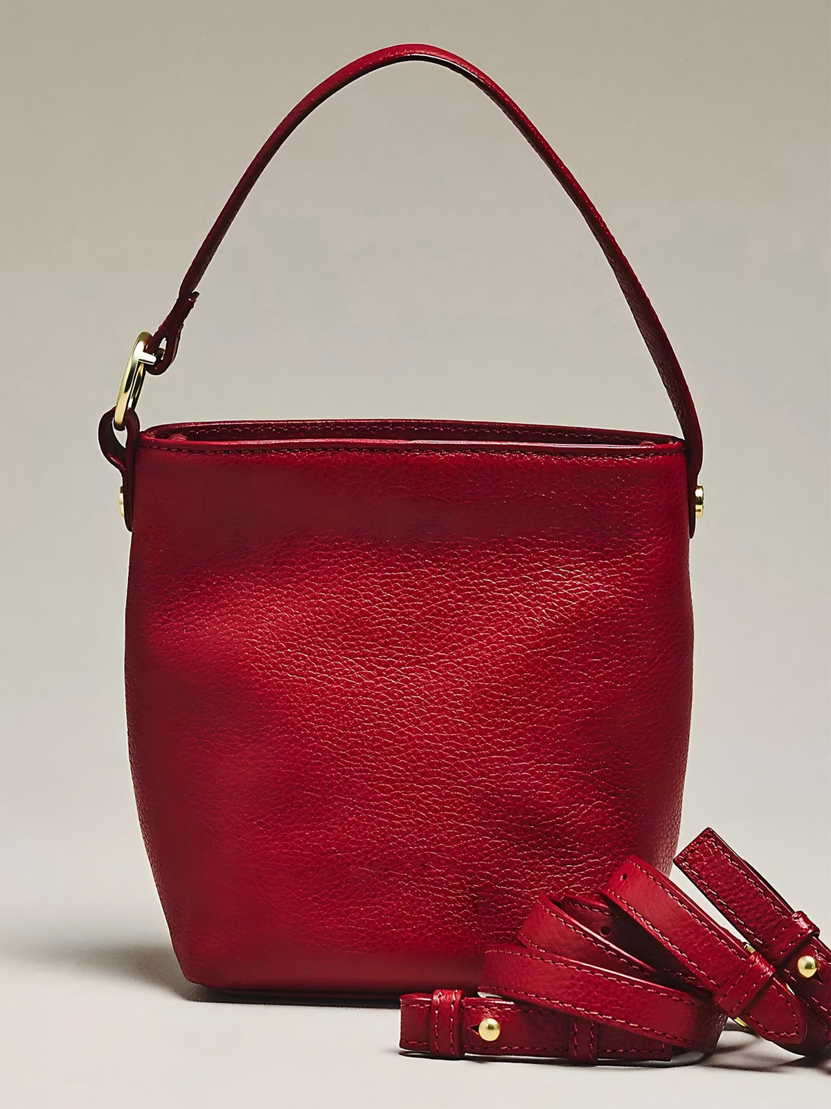 Women Red Mini Bucket Bag | Pebbled Faux‑Leather Removable Handle Adjustable Crossbody Strap Versatile Small Handbag