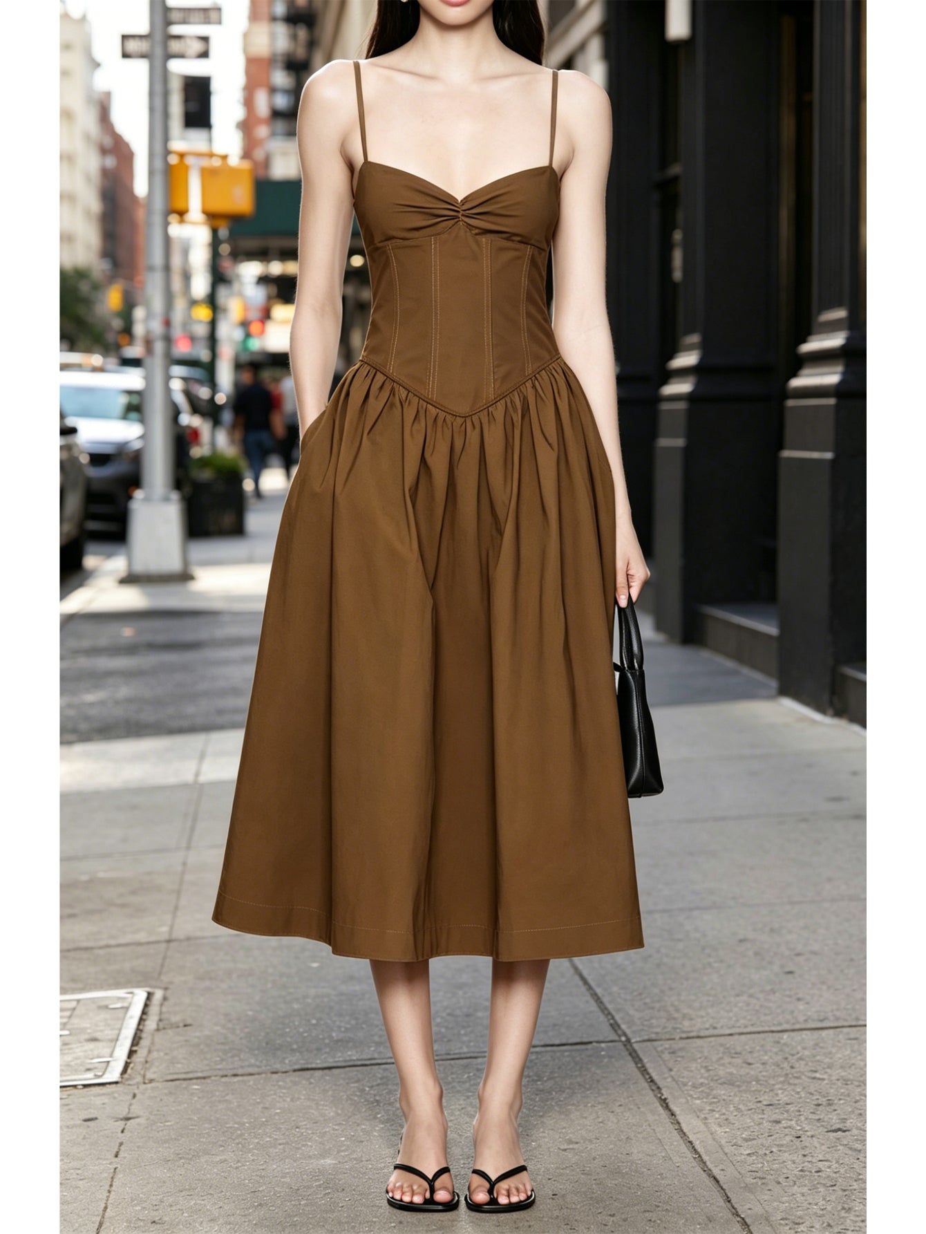 Spaghetti Strap Corset Midi Dress with Flared Skirt | Brown Structured Bustier Dress for Cocktail Parties, Brunch & City Outings