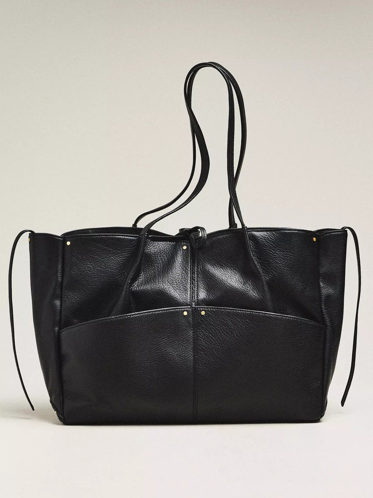 Women Black Tote Bag | Pebbled Faux‑Leather Front Pocket Drawstring Accent Work Shoulder Purse