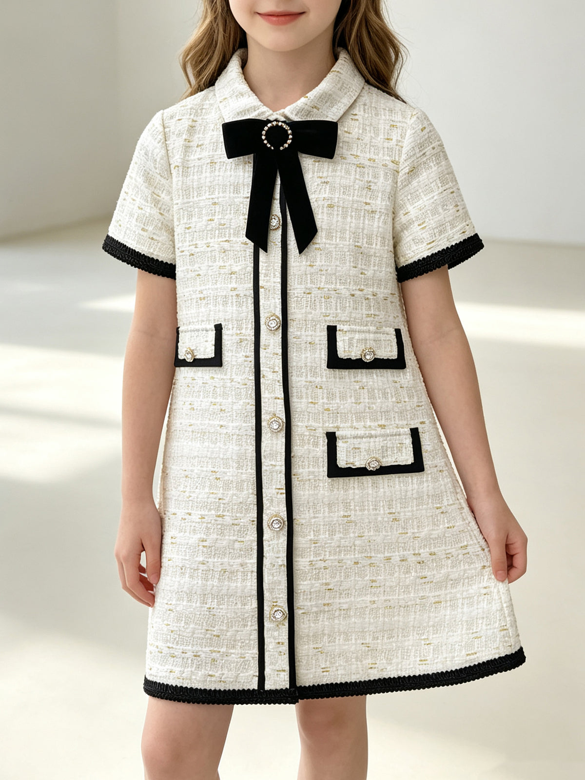 Girls Tweed Short Sleeve Dress, Kids Elegant Collared Party Dress with Black Bow