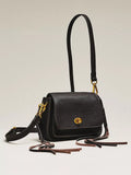 Women Black Mini Flap Crossbody Bag | Pebbled Faux‑Leather Gold Turn‑Lock Tassel Vintage Shoulder Purse
