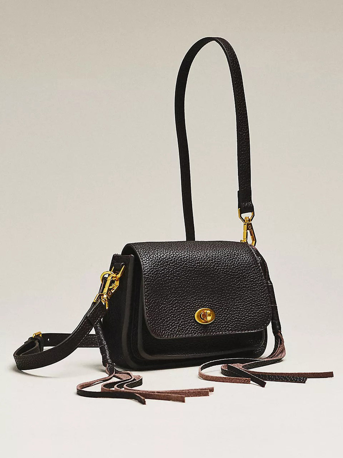 Women Black Mini Flap Crossbody Bag | Pebbled Faux‑Leather Gold Turn‑Lock Tassel Vintage Shoulder Purse